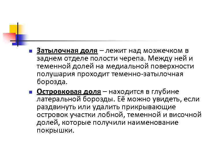 n n Затылочная доля – лежит над мозжечком в заднем отделе полости черепа. Между