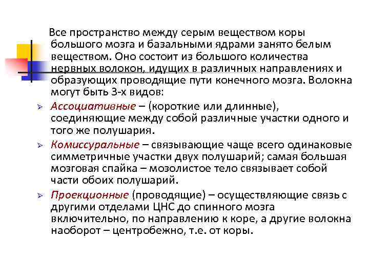 Ø Ø Ø Все пространство между серым веществом коры большого мозга и базальными ядрами