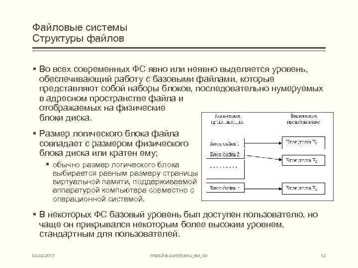 Файловые системы Структуры файлов § Во всех современных ФС явно или неявно выделяется уровень,