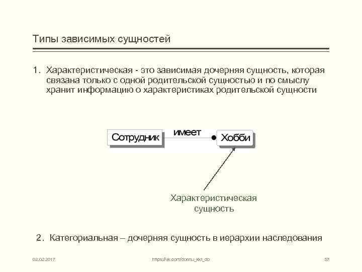 Типы зависимых сущностей 1. Характеристическая - это зависимая дочерняя сущность, которая связана только с