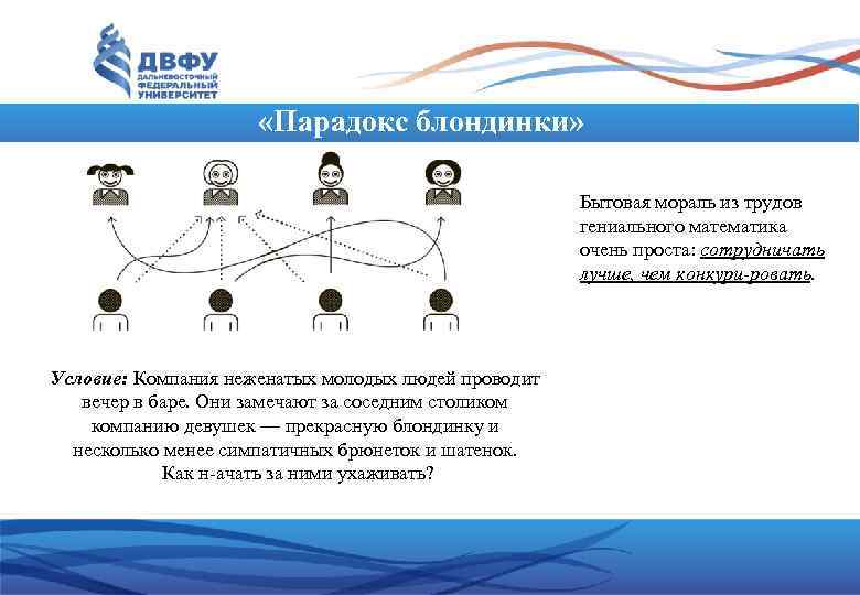  «Парадокс блондинки» Бытовая мораль из трудов гениального математика очень проста: сотрудничать лучше, чем