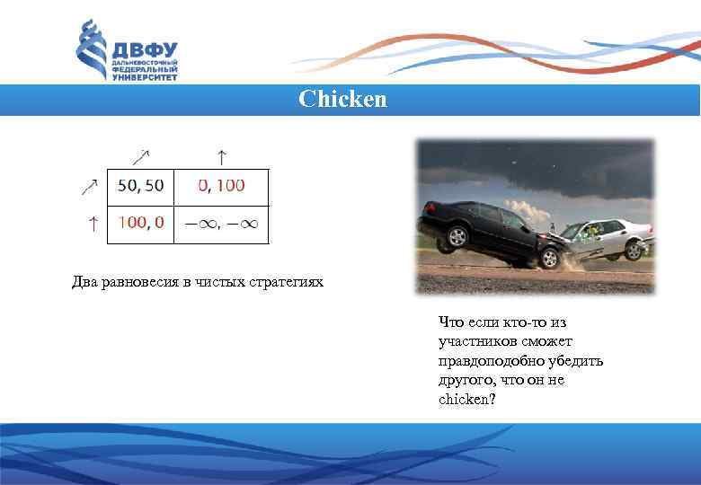 Chicken Два равновесия в чистых стратегиях Что если кто то из участников сможет правдоподобно