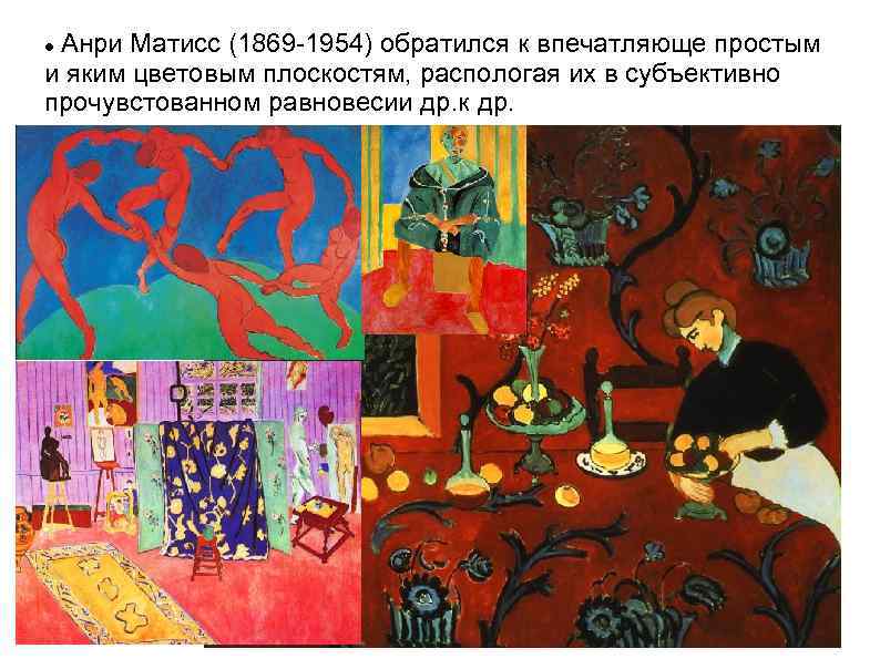 Анри Матисс (1869 -1954) обратился к впечатляюще простым и яким цветовым плоскостям, распологая их