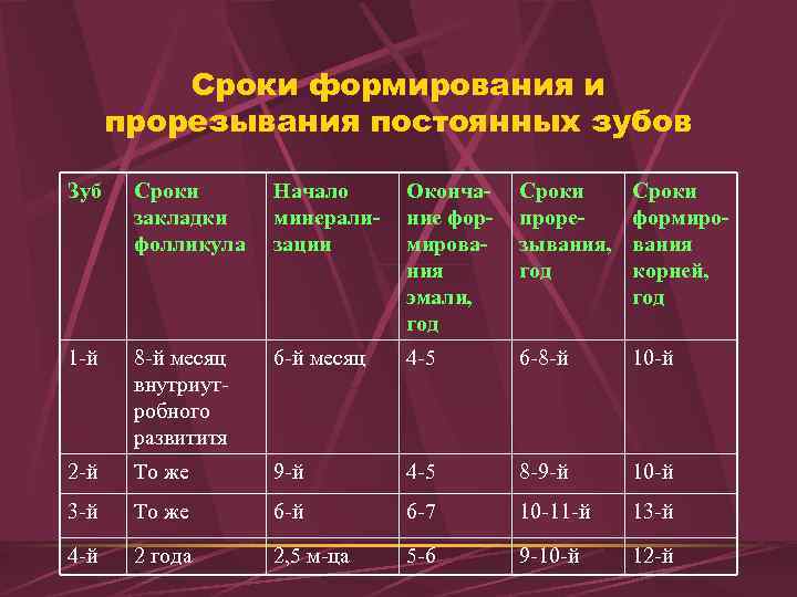 Сроки развития. Сроки окончания формирования корней временных зубов. Сроки закладки, минерализации и прорезывания временных зубов.. Сроки закладки зачатков постоянных зубов. Сроки прорезывания и минерализации зубов.