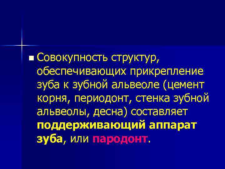 n Совокупность структур, обеспечивающих прикрепление зуба к зубной альвеоле (цемент корня, периодонт, стенка зубной