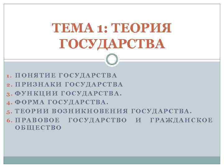 ТЕМА 1: ТЕОРИЯ ГОСУДАРСТВА 1. ПОНЯТИЕ ГОСУДАРСТВА 2. ПРИЗНАКИ ГОСУДАРСТВА 3. ФУНКЦИИ ГОСУДАРСТВА. 4.