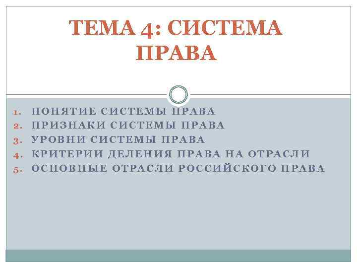 ТЕМА 4: СИСТЕМА ПРАВА 1. 2. 3. 4. 5. ПОНЯТИЕ СИСТЕМЫ ПРАВА ПРИЗНАКИ СИСТЕМЫ