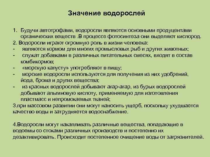 Значение водорослей 1. Будучи автотрофами, водоросли являются основными продуцентами органических веществ. В процессе фотосинтеза