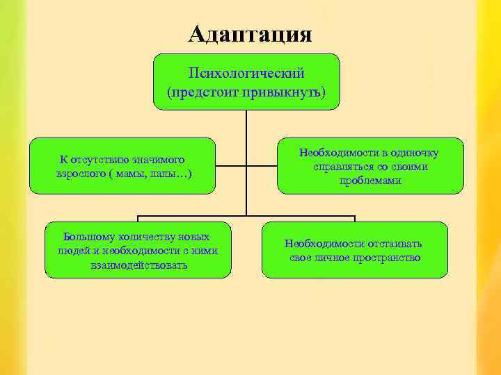 Адаптация Психологический (предстоит привыкнуть) К отсутствию значимого взрослого ( мамы, папы…) Большому количеству новых