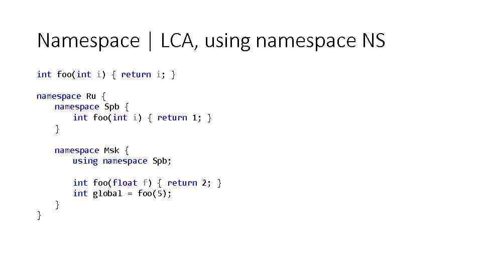 Namespace | LCA, using namespace NS int foo(int i) { return i; } namespace