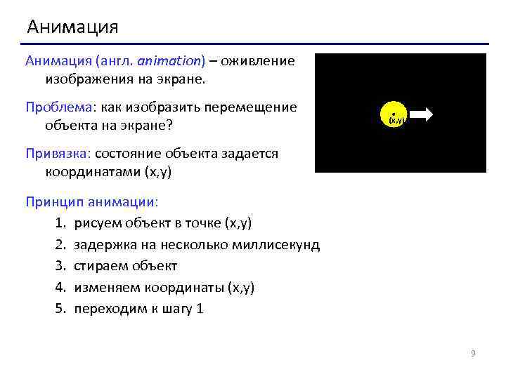 Анимация (англ. animation) – оживление изображения на экране. Проблема: как изобразить перемещение объекта на