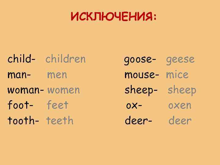 ИСКЛЮЧЕНИЯ: child- children man- men woman- women foot- feet tooth- teeth goosemousesheepoxdeer- geese mice