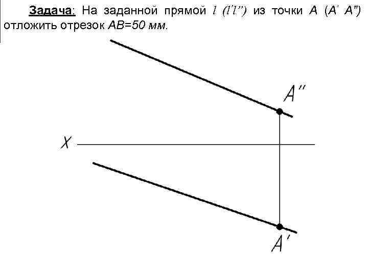 Задача: На заданной прямой l (l’l”) из точки A (А’ А”) отложить отрезок АВ=50
