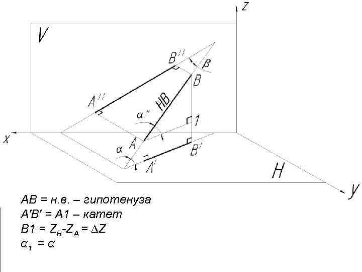АВ = н. в. – гипотенуза А'В' = А 1 – катет В 1