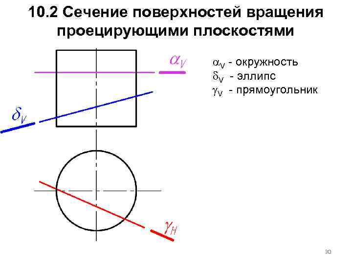 10. 2 Сечение поверхностей вращения проецирующими плоскостями V - окружность V - эллипс V