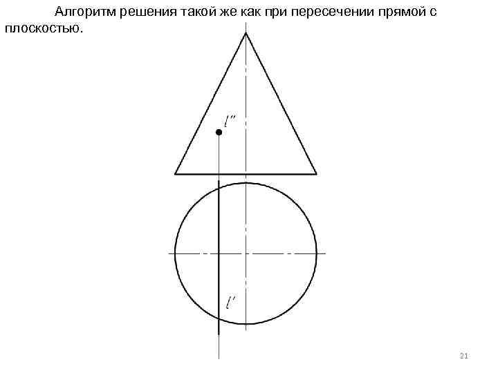 Алгоритм решения такой же как при пересечении прямой с плоскостью. 21 