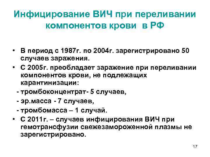 Инфицирование ВИЧ при переливании компонентов крови в РФ • В период с 1987 г.