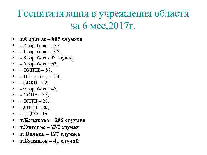 Госпитализация в учреждения области за 6 мес. 2017 г. • г. Саратов – 805