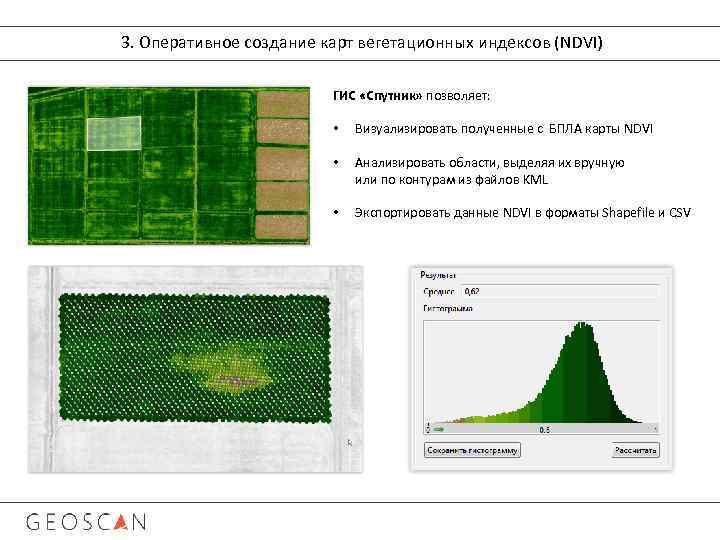 3. Оперативное создание карт вегетационных индексов (NDVI) ГИС «Спутник» позволяет: • Визуализировать полученные с