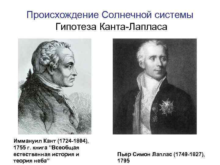 Происхождение Солнечной системы Гипотеза Канта-Лапласа Иммануил Кант (1724 -1804), 1755 г. книга “Всеобщая естественная