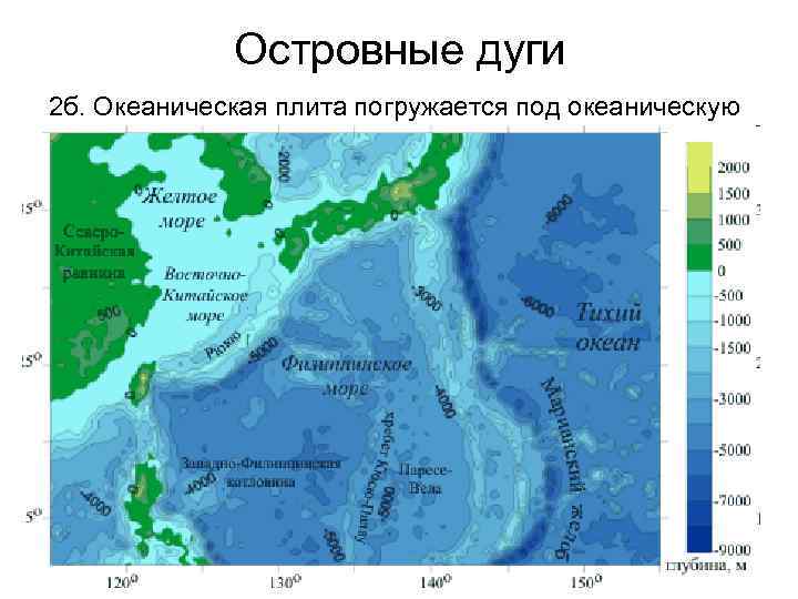 Островные дуги 2 б. Океаническая плита погружается под океаническую 