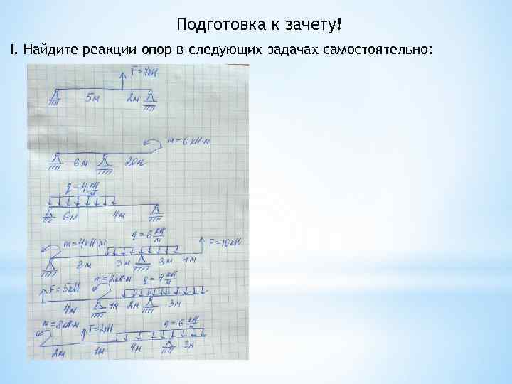 Подготовка к зачету! I. Найдите реакции опор в следующих задачах самостоятельно: 
