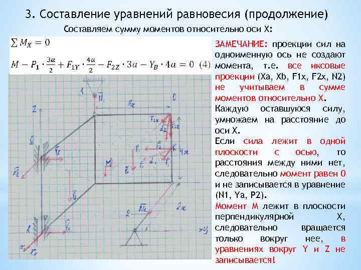 3. Составление уравнений равновесия (продолжение) Составляем сумму моментов относительно оси X: ЗАМЕЧАНИЕ: проекции сил