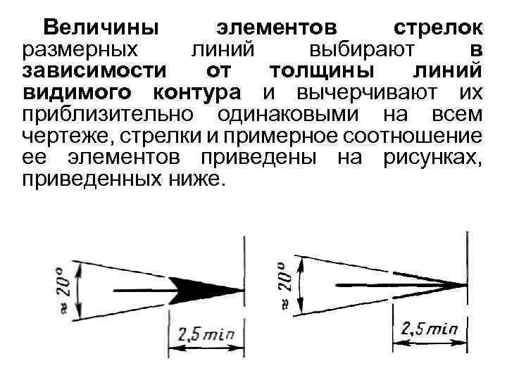 Величины элементов стрелок размерных линий выбирают в зависимости от толщины линий видимого контура и