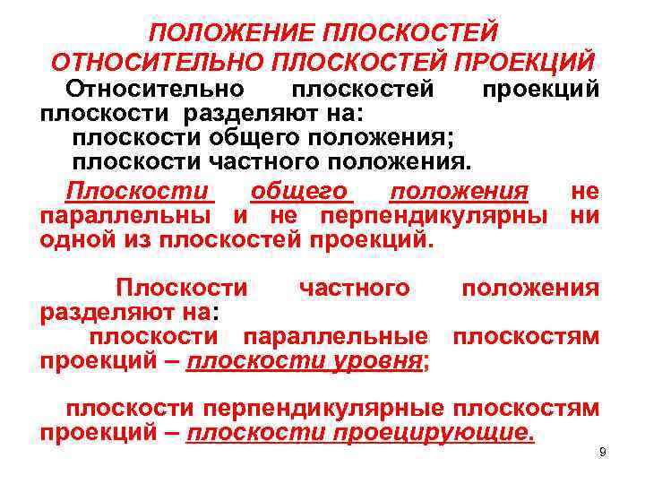 ПОЛОЖЕНИЕ ПЛОСКОСТЕЙ ОТНОСИТЕЛЬНО ПЛОСКОСТЕЙ ПРОЕКЦИЙ Относительно плоскостей проекций плоскости разделяют на: плоскости общего положения;