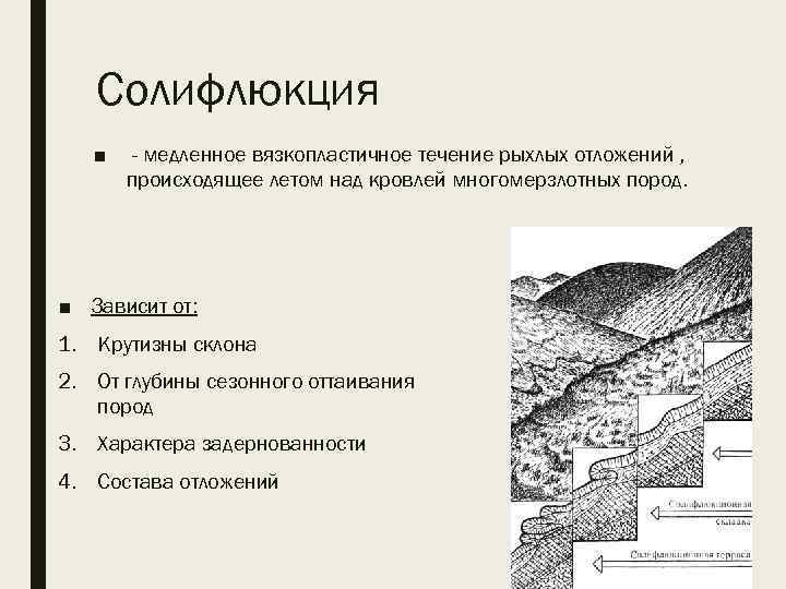 Солифлюкция ■ - медленное вязкопластичное течение рыхлых отложений , происходящее летом над кровлей многомерзлотных