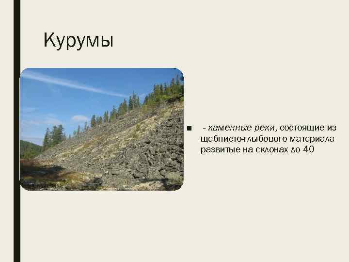 Курумы ■ - каменные реки, состоящие из щебнисто-глыбового материала развитые на склонах до 40