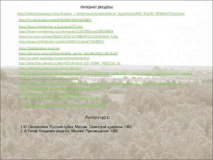 Интернет ресурсы: http: //www. krugosvet. ru/enc/kultura_i_obrazovanie/izobrazitelnoe_iskusstvo/LUBOK_RUSSKI_IZOBRAZITELNI. html http: //ru. wikipedia. org/wiki/%CB%F 3%E 1%EE%EA http: