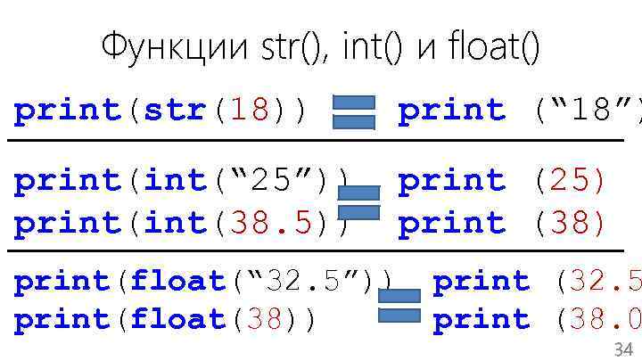 Функции str(), int() и float() print(str(18)) print (“ 18”) print(“ 25”)) print(38. 5)) print