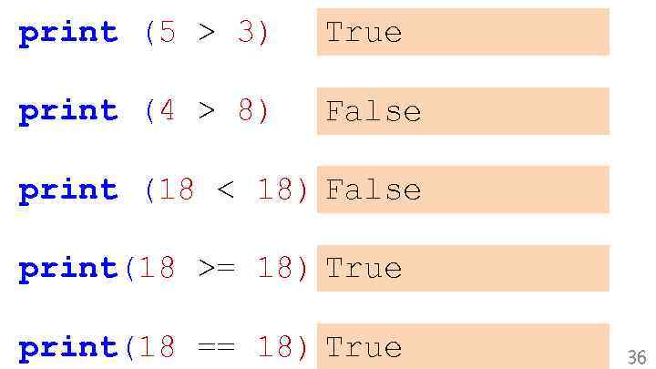 print (5 > 3) True print (4 > 8) False print (18 < 18)