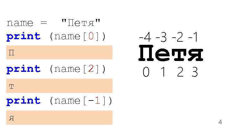 name = "Петя" print (name[0]) П print (name[2]) -4 -3 -2 -1 Петя 0