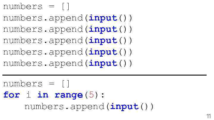 numbers = [] numbers. append(input()) numbers = [] for i in range(5): numbers. append(input())