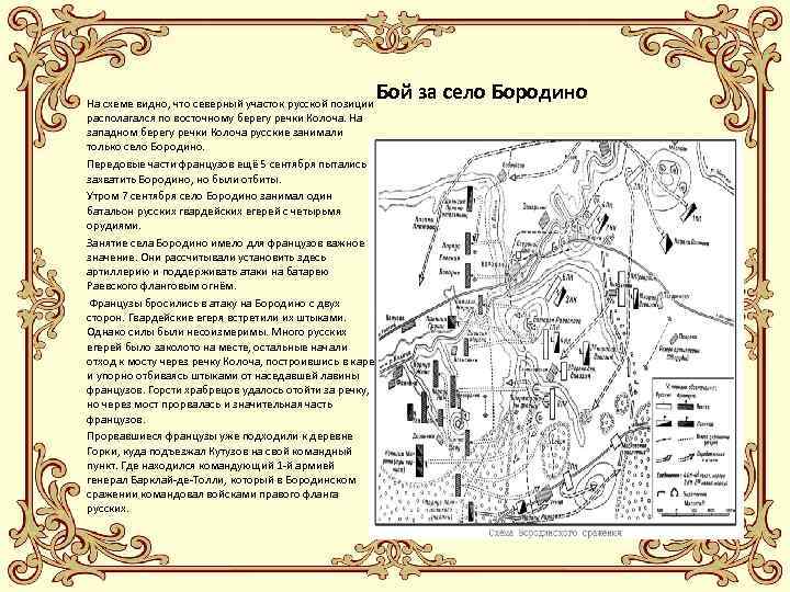 На схеме видно, что северный участок русской позиции располагался по восточному берегу речки Колоча.