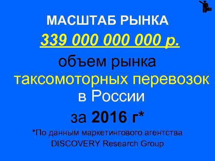 МАСШТАБ РЫНКА 339 000 000 р. объем рынка таксомоторных перевозок в России за 2016