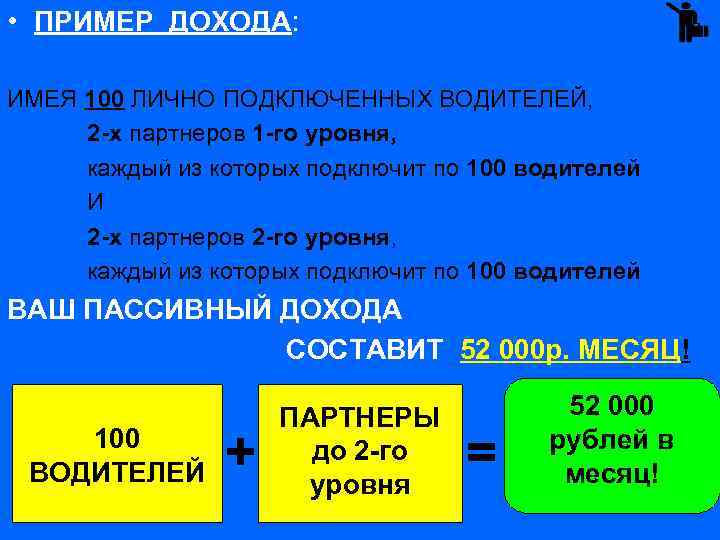 • ПРИМЕР ДОХОДА: ИМЕЯ 100 ЛИЧНО ПОДКЛЮЧЕННЫХ ВОДИТЕЛЕЙ, 2 -х партнеров 1 -го