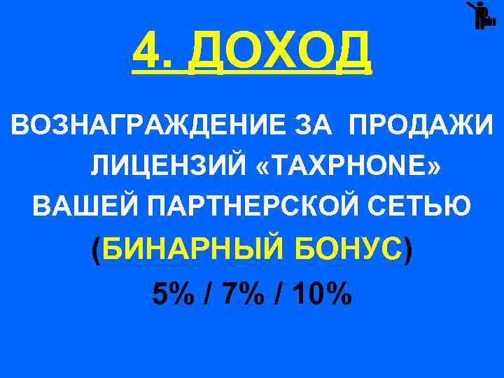 4. ДОХОД ВОЗНАГРАЖДЕНИЕ ЗА ПРОДАЖИ ЛИЦЕНЗИЙ «TAXPHONE» ВАШЕЙ ПАРТНЕРСКОЙ СЕТЬЮ (БИНАРНЫЙ БОНУС) 5% /