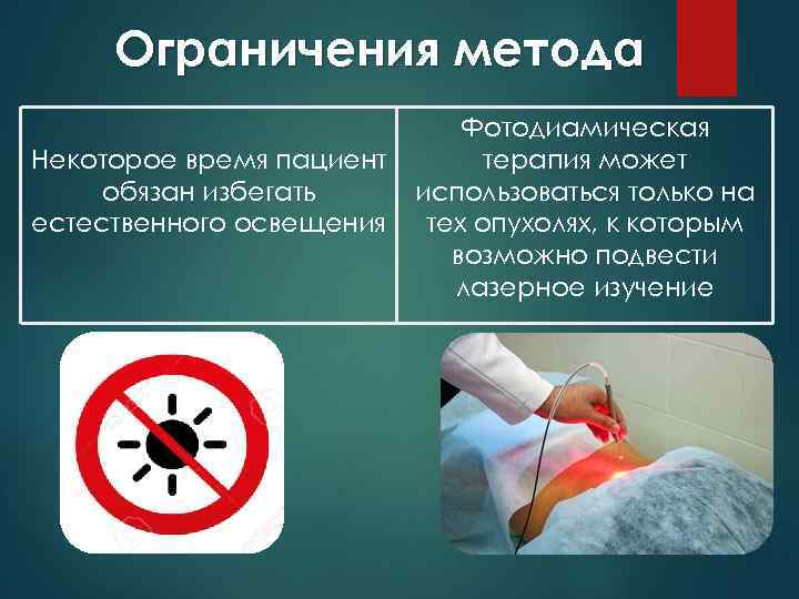 Ограничения метода Некоторое время пациент обязан избегать естественного освещения Фотодиамическая терапия может использоваться только