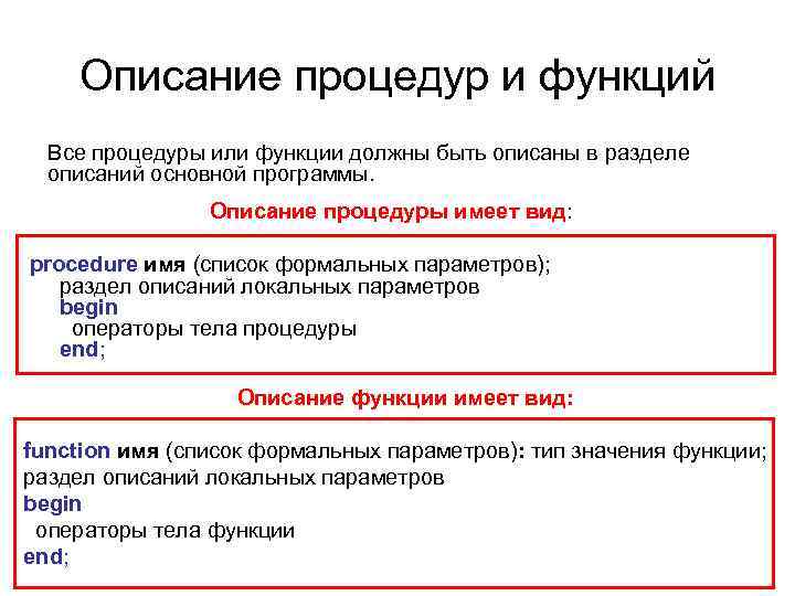 Описание процедур и функций Все процедуры или функции должны быть описаны в разделе описаний