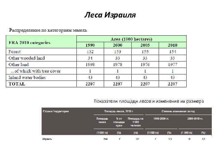 Леса Израиля Распределение по категориям земель Показатели площади лесов и изменение их размера 