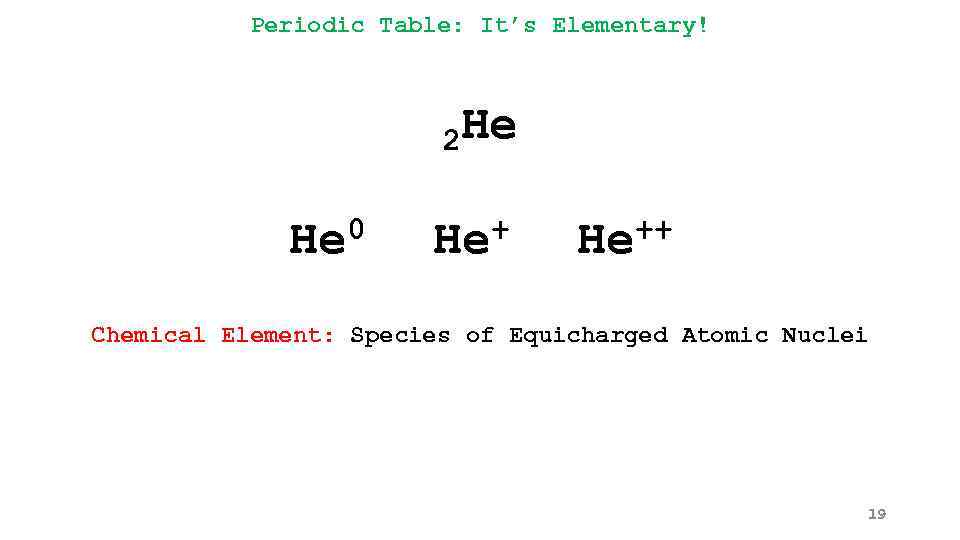 Periodic Table: It’s Elementary! 2 He 0 He ++ He Chemical Element: Species of