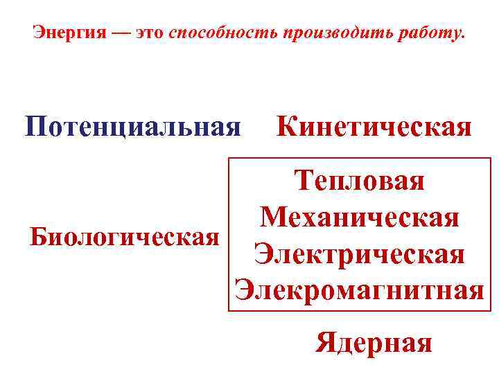 Энергия — это способность производить работу. Потенциальная Кинетическая Тепловая Механическая Биологическая Электрическая Элекромагнитная Ядерная