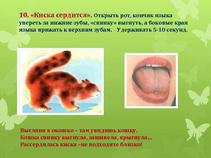 10. «Киска сердится» . Открыть рот, кончик языка упереть за нижние зубы, «спинку» выгнуть,