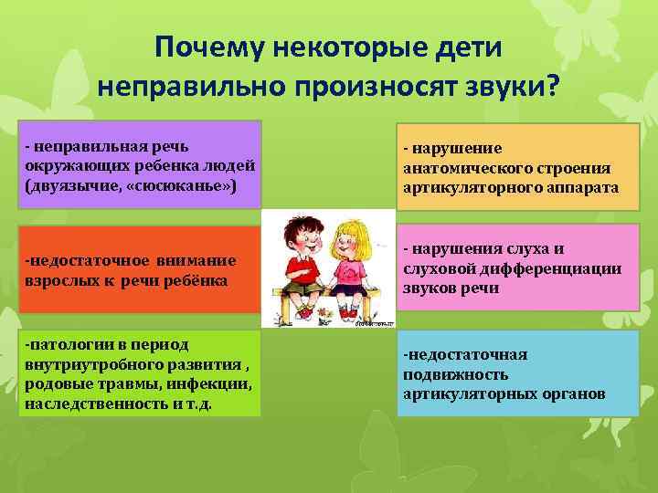 Почему некоторые дети неправильно произносят звуки? - неправильная речь окружающих ребенка людей (двуязычие, «сюсюканье»