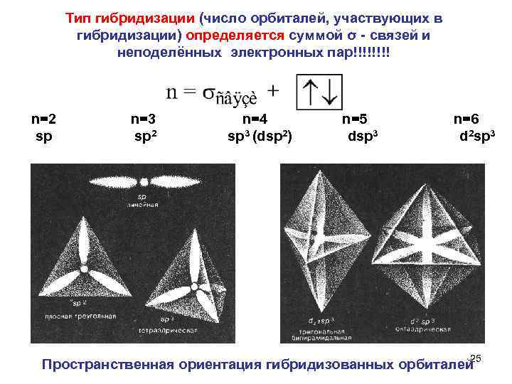Тип гибридизации (число орбиталей, участвующих в гибридизации) определяется суммой σ связей и неподелённых электронных