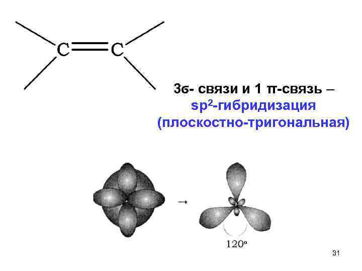 3ϭ связи и 1 π связь – sp 2 гибридизация (плоскостно тригональная) 31 