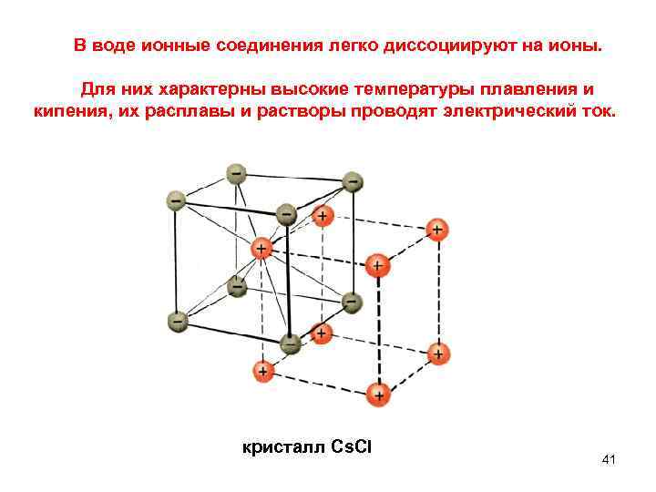  В воде ионные соединения легко диссоциируют на ионы. Для них характерны высокие температуры